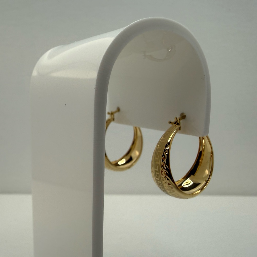 18K Genuine YG Gold Dome Hoop Earrings with Greek Design 23mm - Picture 9 of 13